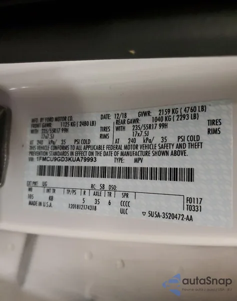 2019 Ford Escape Se z USA, uszkodzony, nr VIN 1FMCU9GD3KUA79993